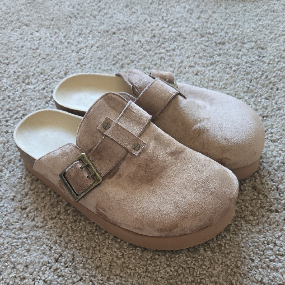 Women’s Suede Slip-On Clog with Buckle - Tan Size 6
